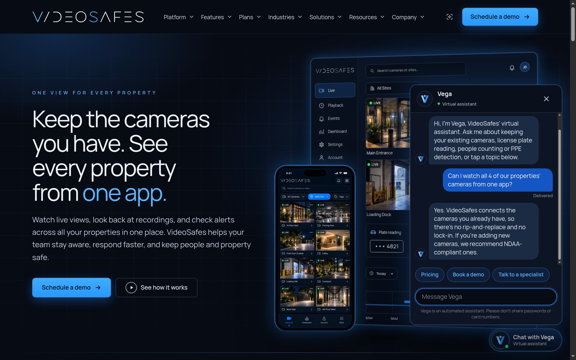 Vega answering a visitor question on the VideoSafes homepage