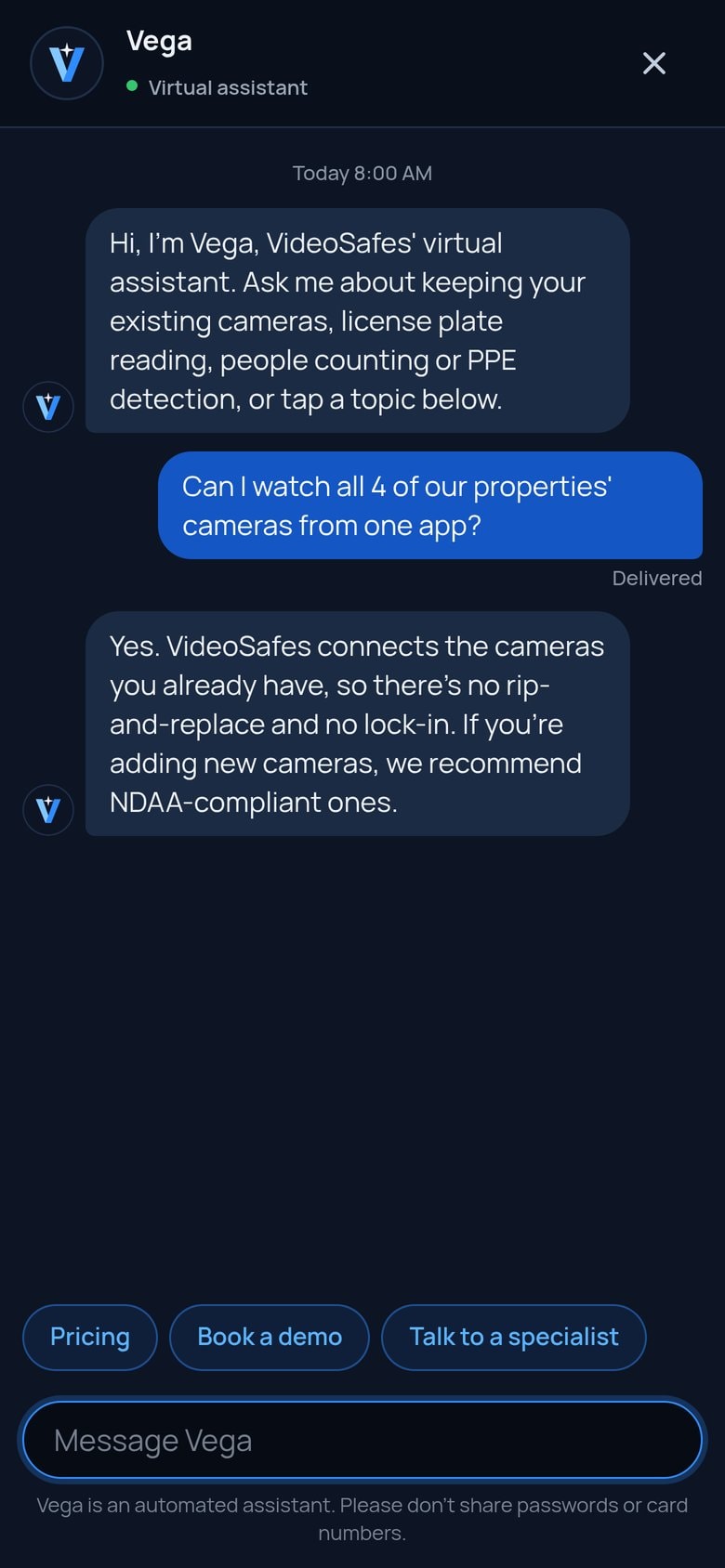 Vega answering a visitor question full screen on a phone